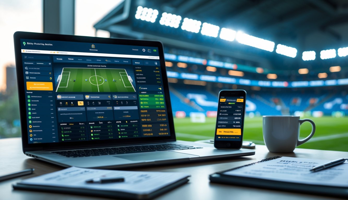 Seorang pria duduk di depan laptop dengan layar menampilkan statistik pertandingan sepak bola dan aplikasi taruhan di ponsel, di latar belakang terlihat stadion sepak bola dengan penonton.