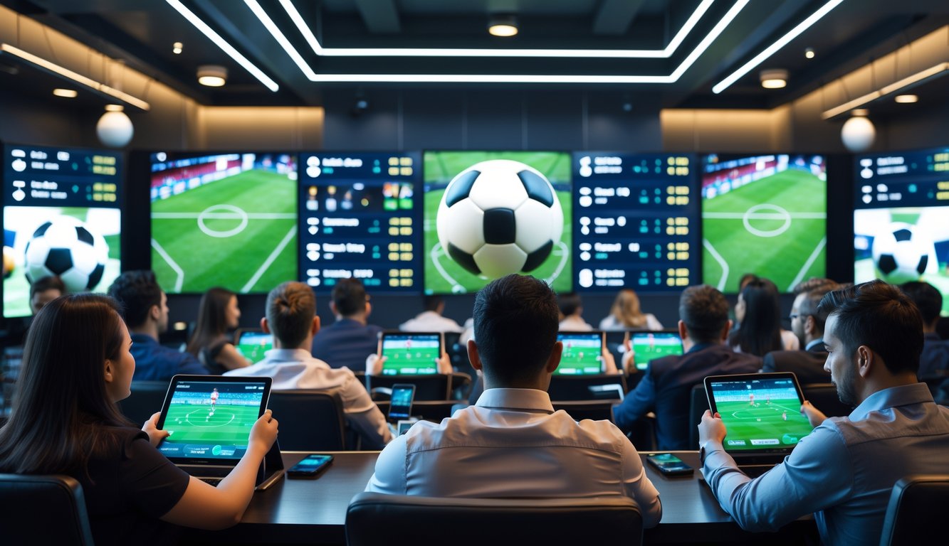 Sekelompok orang menonton pertandingan sepak bola secara langsung sambil memasang taruhan di sebuah ruang taruhan modern.