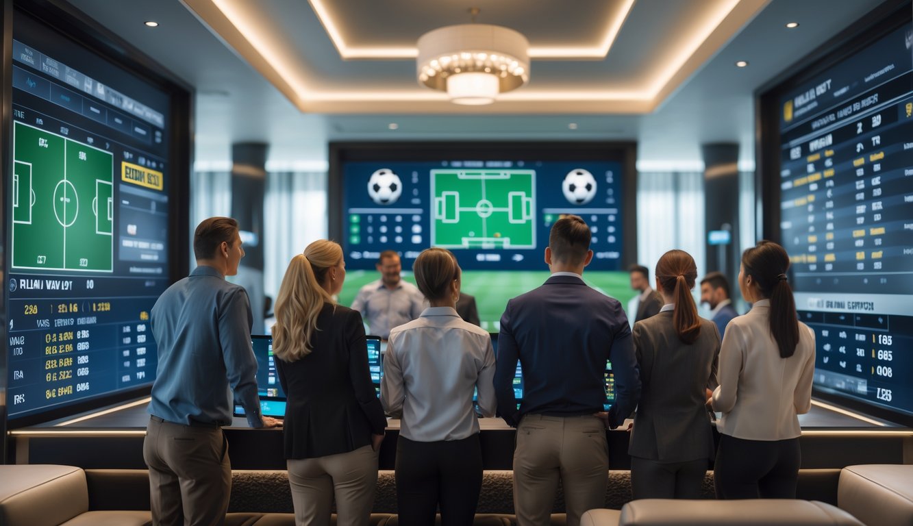 Beberapa orang dewasa sedang melihat layar digital yang menampilkan statistik pertandingan sepak bola dan opsi taruhan parlay dalam ruangan taruhan modern.
