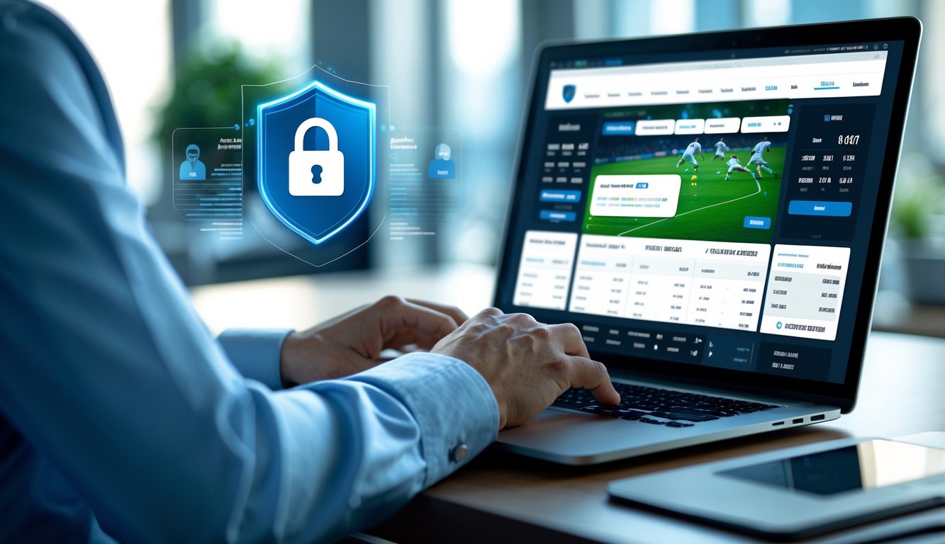 Orang menggunakan laptop di meja kerja dengan tampilan situs taruhan olahraga online yang aman dan resmi.