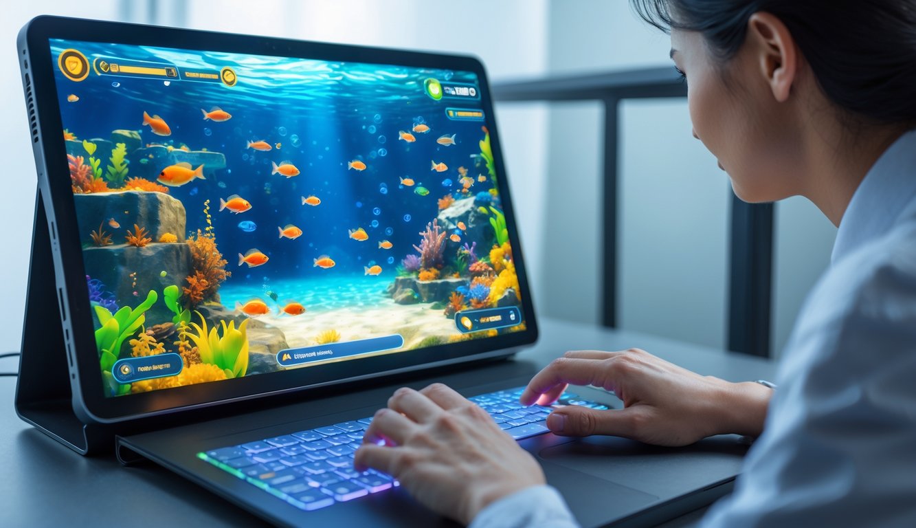Seseorang sedang bermain permainan menembak ikan online di perangkat digital dengan latar belakang bawah laut berwarna-warni.