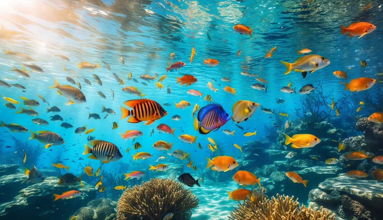 Pemandangan bawah air yang penuh dengan ikan berwarna-warni yang berenang dengan energetik di sekitar terumbu karang dan tanaman laut.