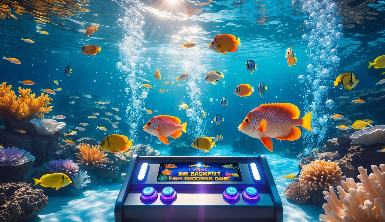 Pemandangan bawah laut dengan ikan tropis berwarna-warni berenang di sekitar terumbu karang dan mesin permainan arkade modern di latar depan.