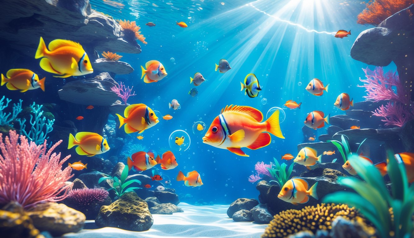 Pemandangan bawah laut dengan berbagai ikan warna-warni berenang di antara terumbu karang dan tanaman air.