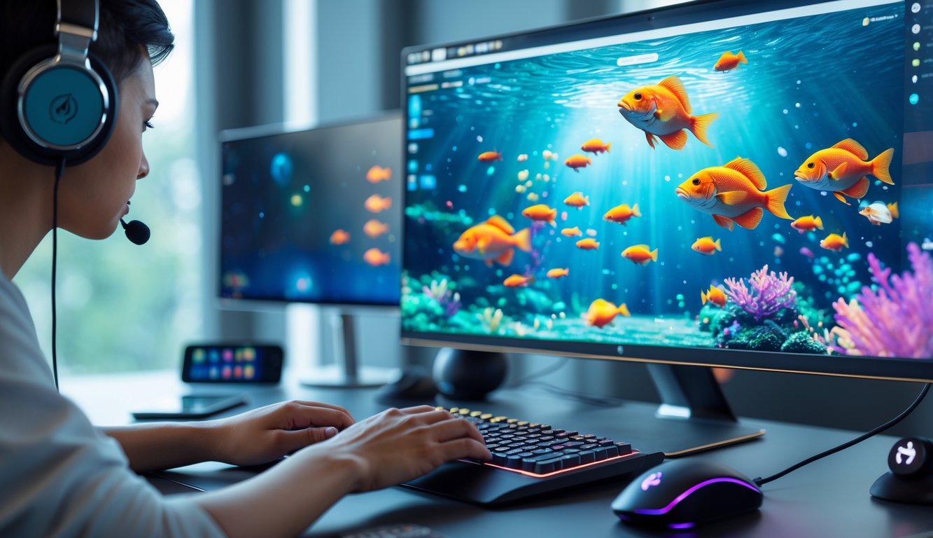 Seseorang sedang bermain game tembak ikan di komputer dengan layar menampilkan ikan-ikan berwarna-warni.