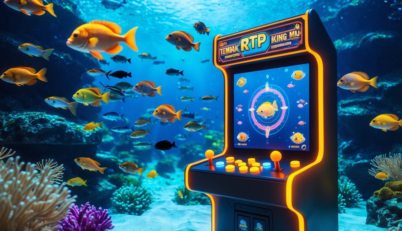 Suasana bawah laut dengan berbagai ikan berwarna-warni dan mesin permainan arkade modern dengan layar besar, menampilkan suasana permainan tembak ikan yang seru.