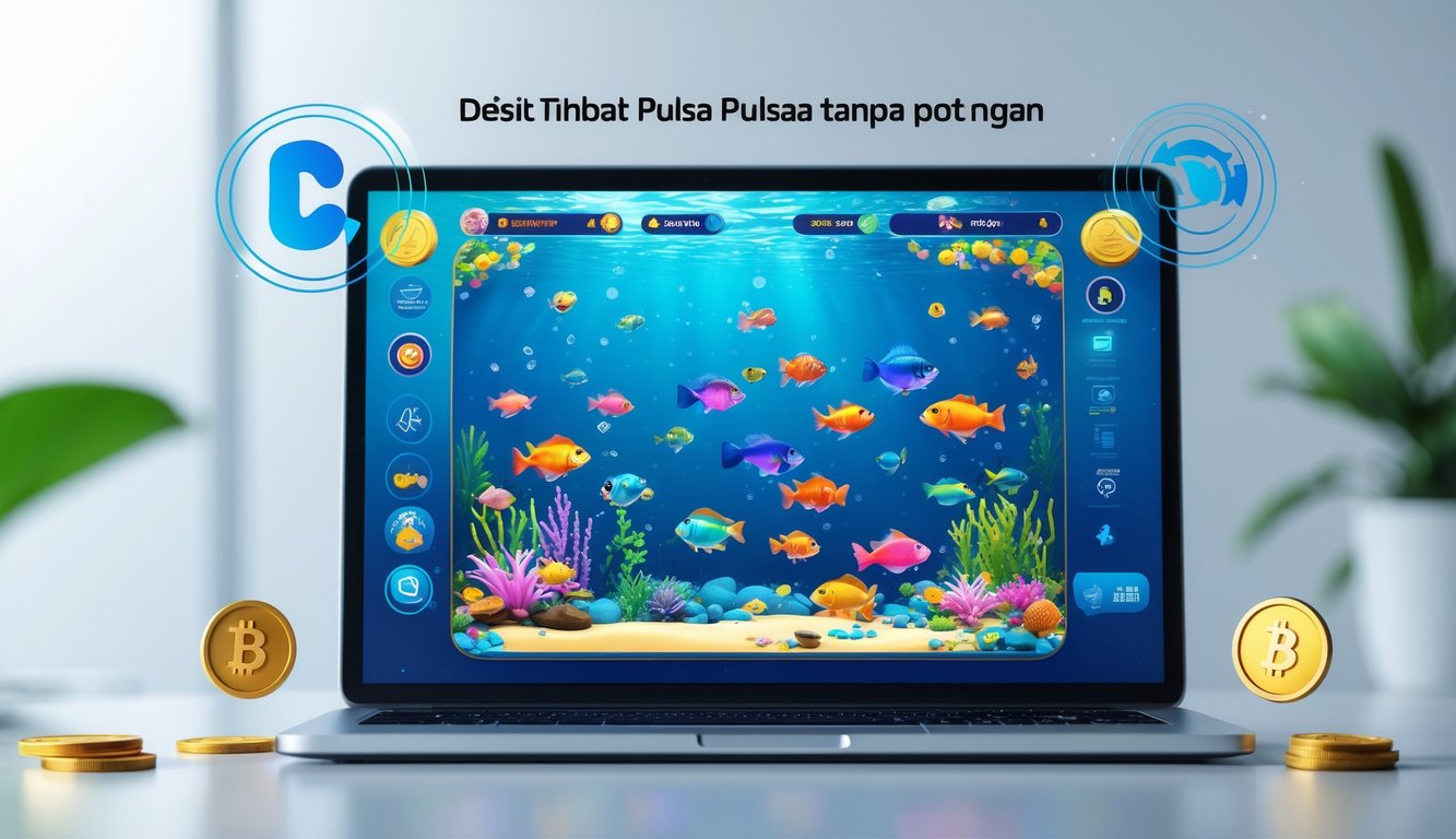 Layar perangkat menampilkan permainan tembak ikan dengan berbagai ikan berwarna-warni dan elemen pembayaran digital di sekitarnya.