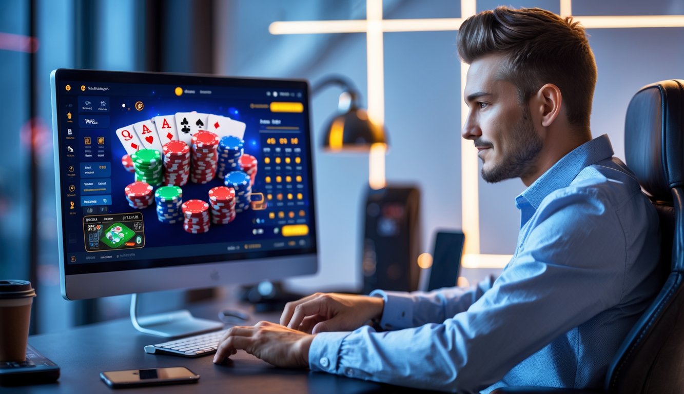 Seorang dewasa muda bermain poker online di depan komputer di ruang kerja modern dengan pencahayaan terang.