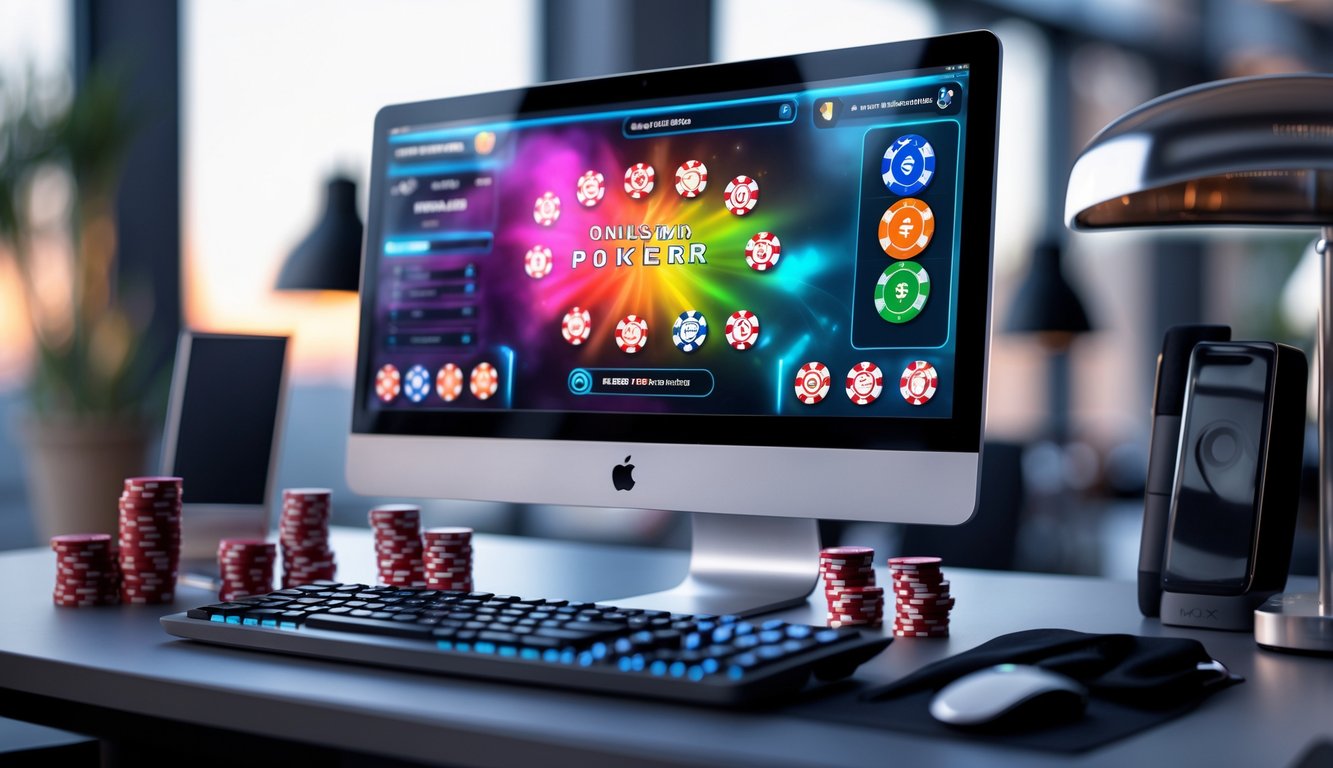 Meja kerja dengan komputer menampilkan permainan poker online, chip poker, dan kartu bermain di sekitar.