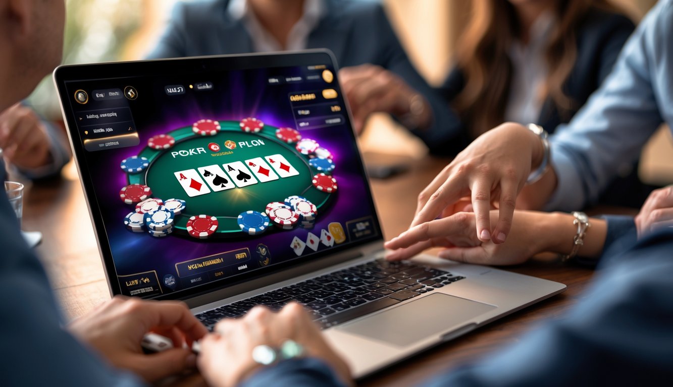 Tangan pemain yang sedang bermain poker online dengan layar komputer menampilkan permainan poker dan chip taruhan.