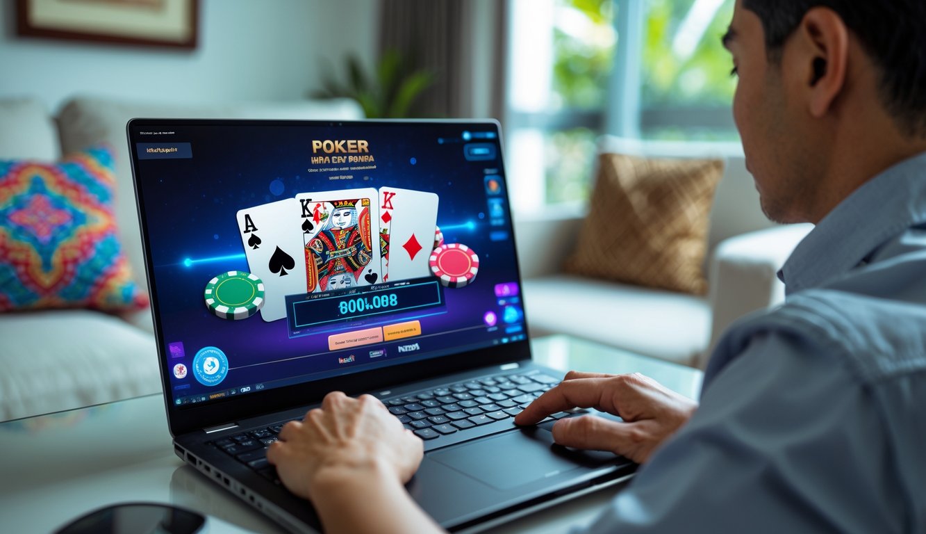 Seorang pemain dewasa sedang bermain poker online di laptop di ruang tamu yang nyaman dengan elemen budaya Indonesia.