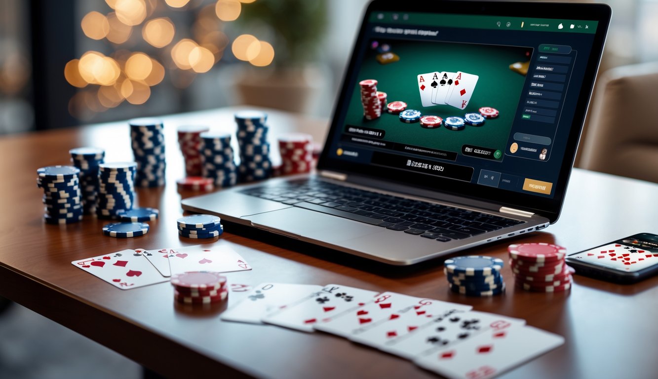 Meja kerja modern dengan laptop menampilkan permainan poker, chip poker dan kartu bermain tersebar rapi.