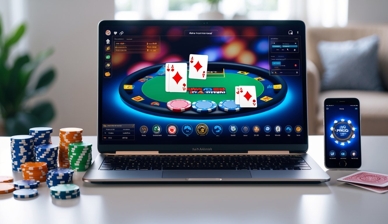Seorang pemain poker online menggunakan laptop dengan tumpukan chip poker dan kartu di meja yang rapi.