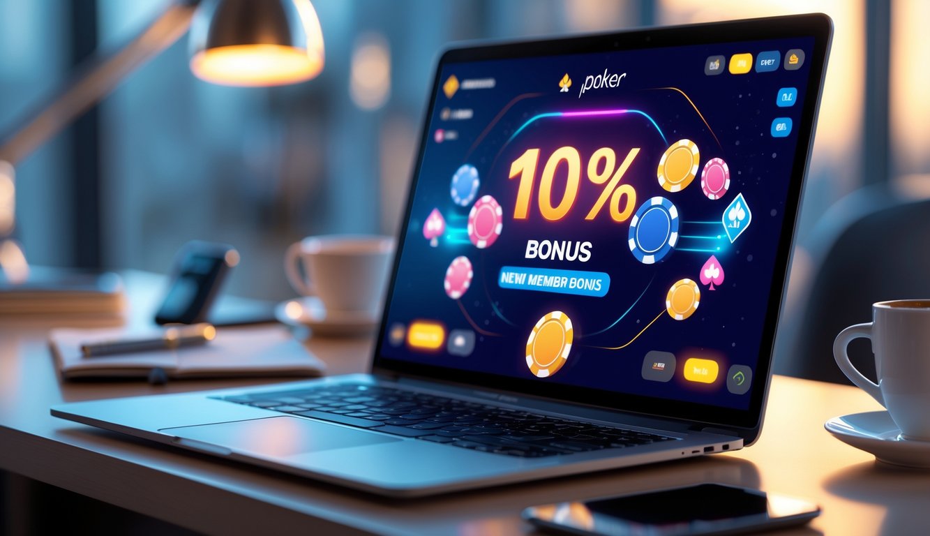 Seseorang sedang bermain poker online di depan komputer dengan chip poker dan kartu di layar.