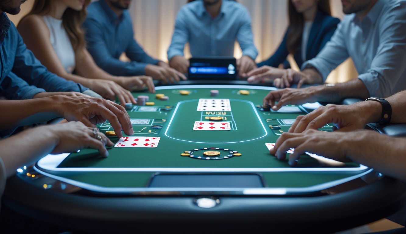 Sekelompok orang bermain poker online di depan layar komputer dalam ruangan yang terang dan modern.