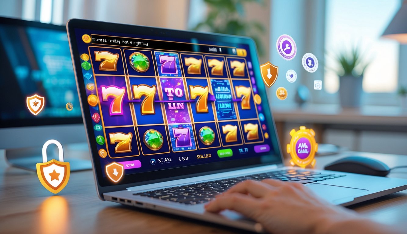 Seorang pria menggunakan laptop dengan permainan slot online yang berwarna-warni di layar, di meja kerja yang rapi dan terang.