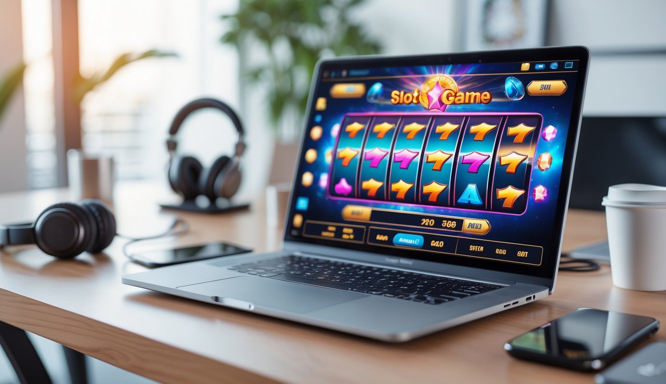 Seorang pria menggunakan laptop dengan layar menampilkan permainan mesin slot online di meja kerja yang rapi.