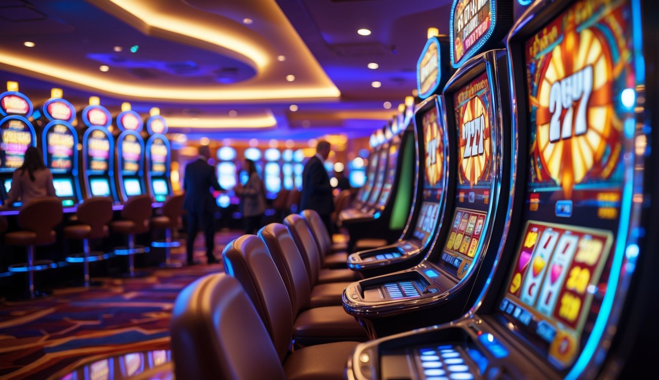 Suasana kasino dengan deretan mesin slot yang menyala dan beberapa orang bermain di sekitarnya.