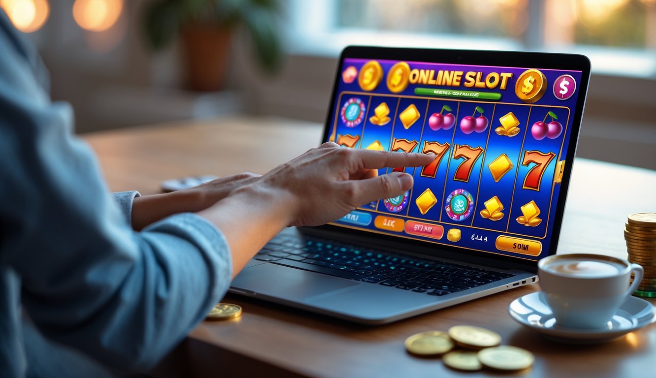 Seseorang menggunakan laptop atau ponsel untuk bermain judi slot online dengan tampilan permainan yang berwarna-warni dan simbol keberuntungan.