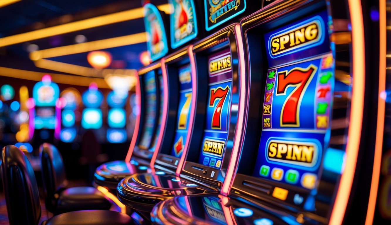 Mesin slot kasino modern dengan gulungan berwarna-warni yang sedang berputar dan simbol kemenangan, dikelilingi oleh lampu kasino yang terang.