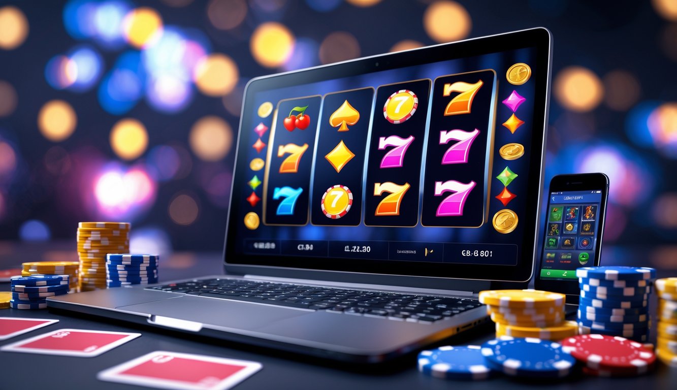 Sebuah laptop modern menampilkan permainan mesin slot dengan aksesori permainan di sekitarnya.