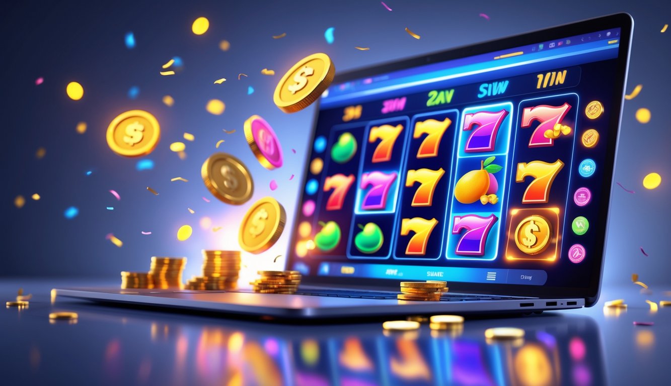 Layar komputer menampilkan permainan slot online dengan simbol berwarna cerah dan koin bersinar di sekitarnya, menggambarkan suasana kemenangan dan bonus untuk anggota baru.