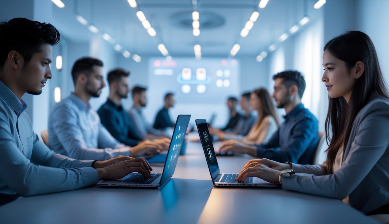 Beberapa orang menggunakan laptop dan smartphone di ruangan modern yang nyaman, fokus pada permainan kartu online dengan suasana yang tenang dan terpercaya.