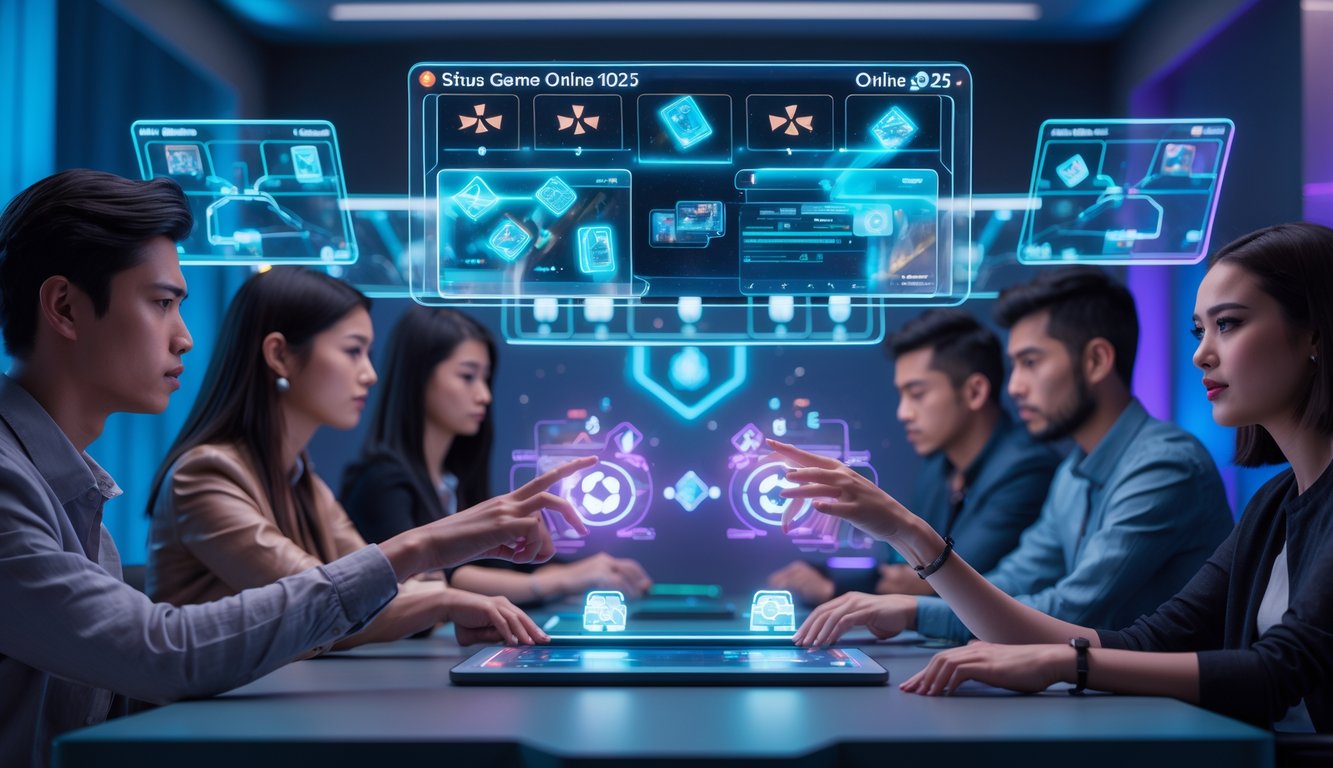 Beberapa orang muda sedang bermain permainan kartu digital di depan layar holografik di ruangan dengan pencahayaan biru dan ungu.