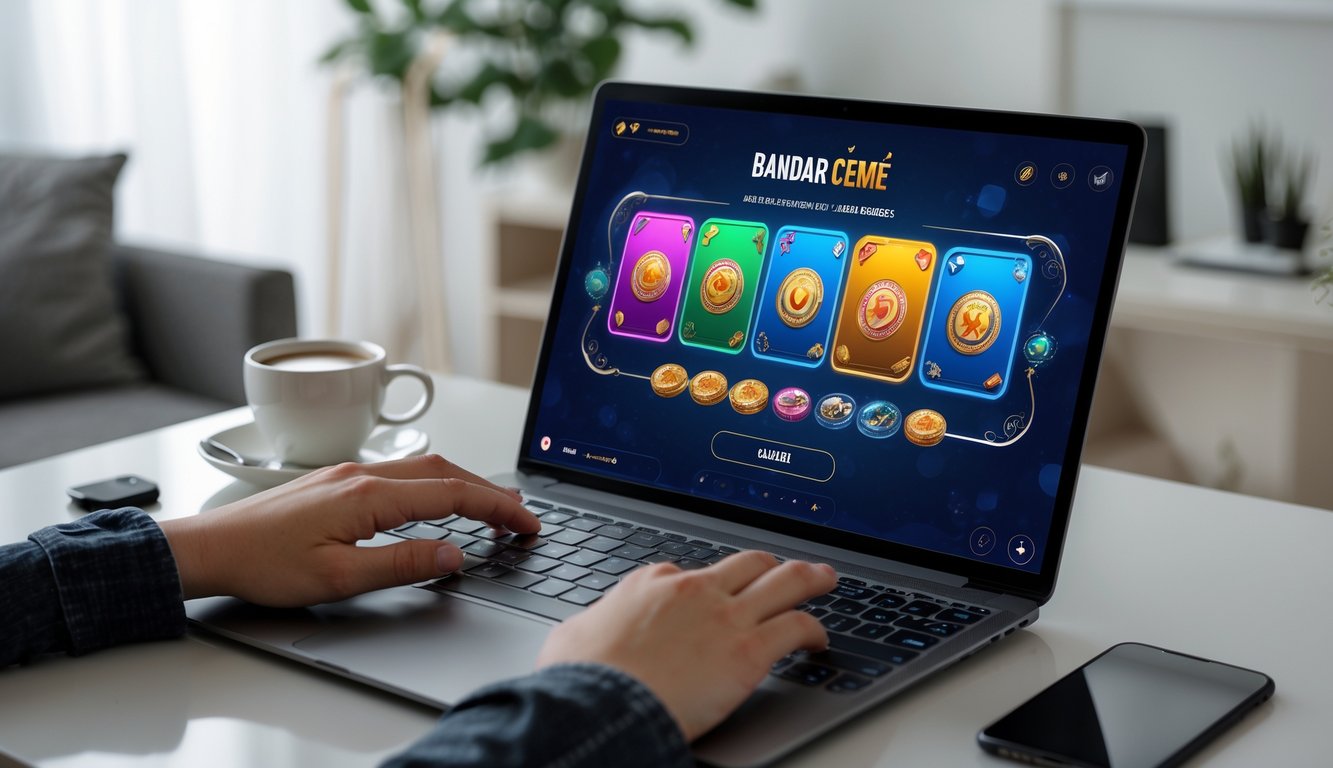 Seseorang sedang bermain permainan kartu Bandar Ceme secara online di laptop di ruang tamu yang nyaman.