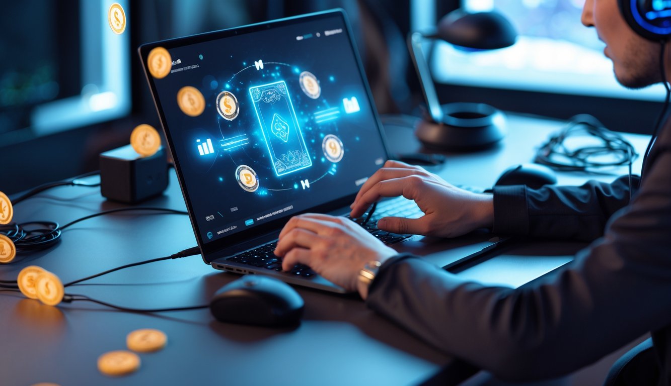 Seseorang sedang menggunakan laptop untuk bermain game online dengan elemen kartu dan simbol uang di lingkungan kerja yang rapi.