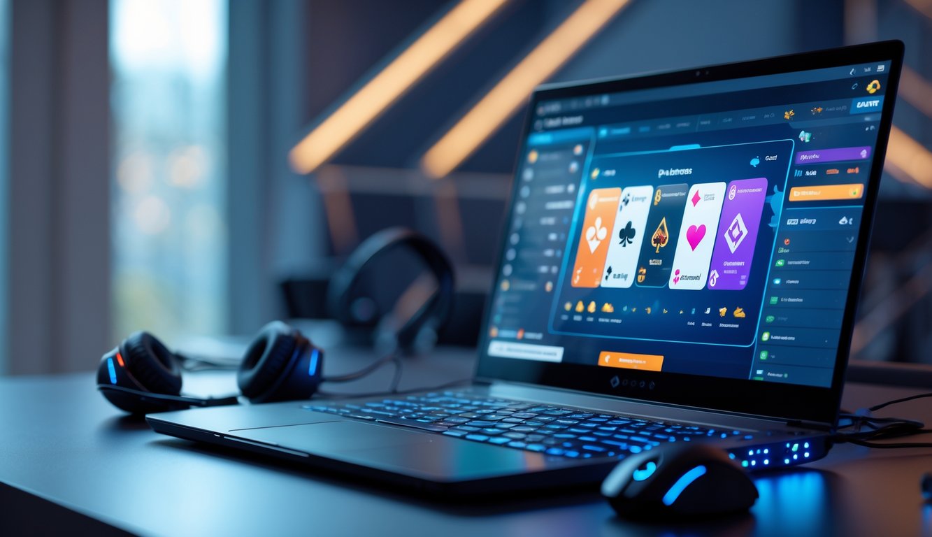 Seorang pemain menggunakan laptop di meja dengan tampilan permainan kartu online di layar.