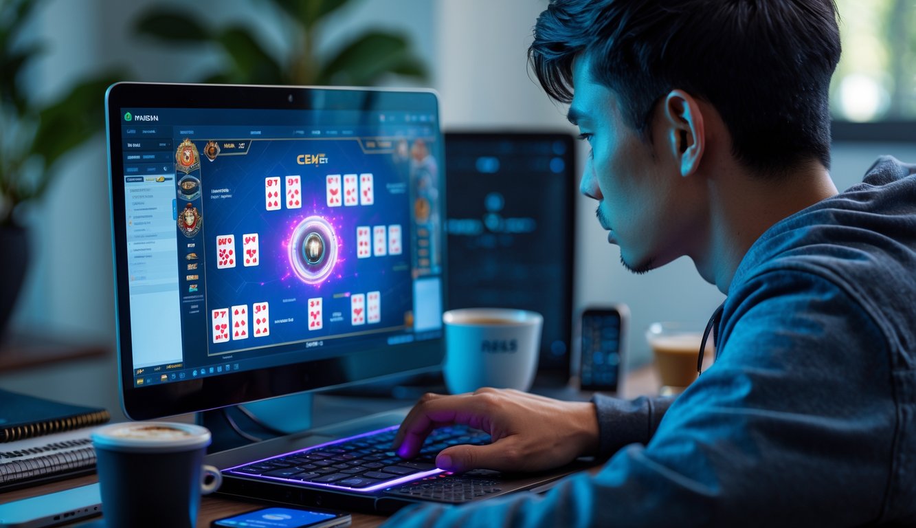 Seorang pria muda sedang fokus bermain permainan kartu Ceme online di depan laptop di ruang kerja yang rapi.