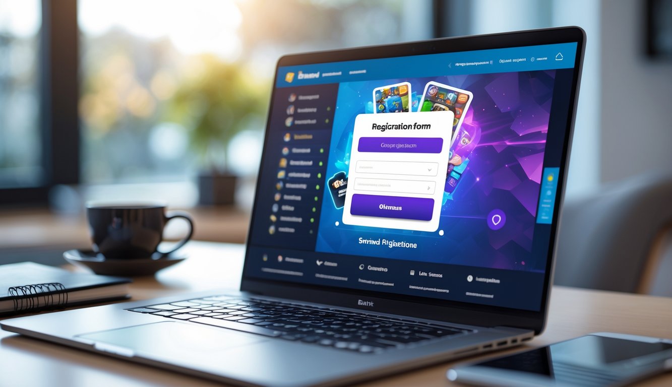 Seorang pengguna sedang mendaftar akun permainan kartu secara online di laptop di ruang kerja modern.