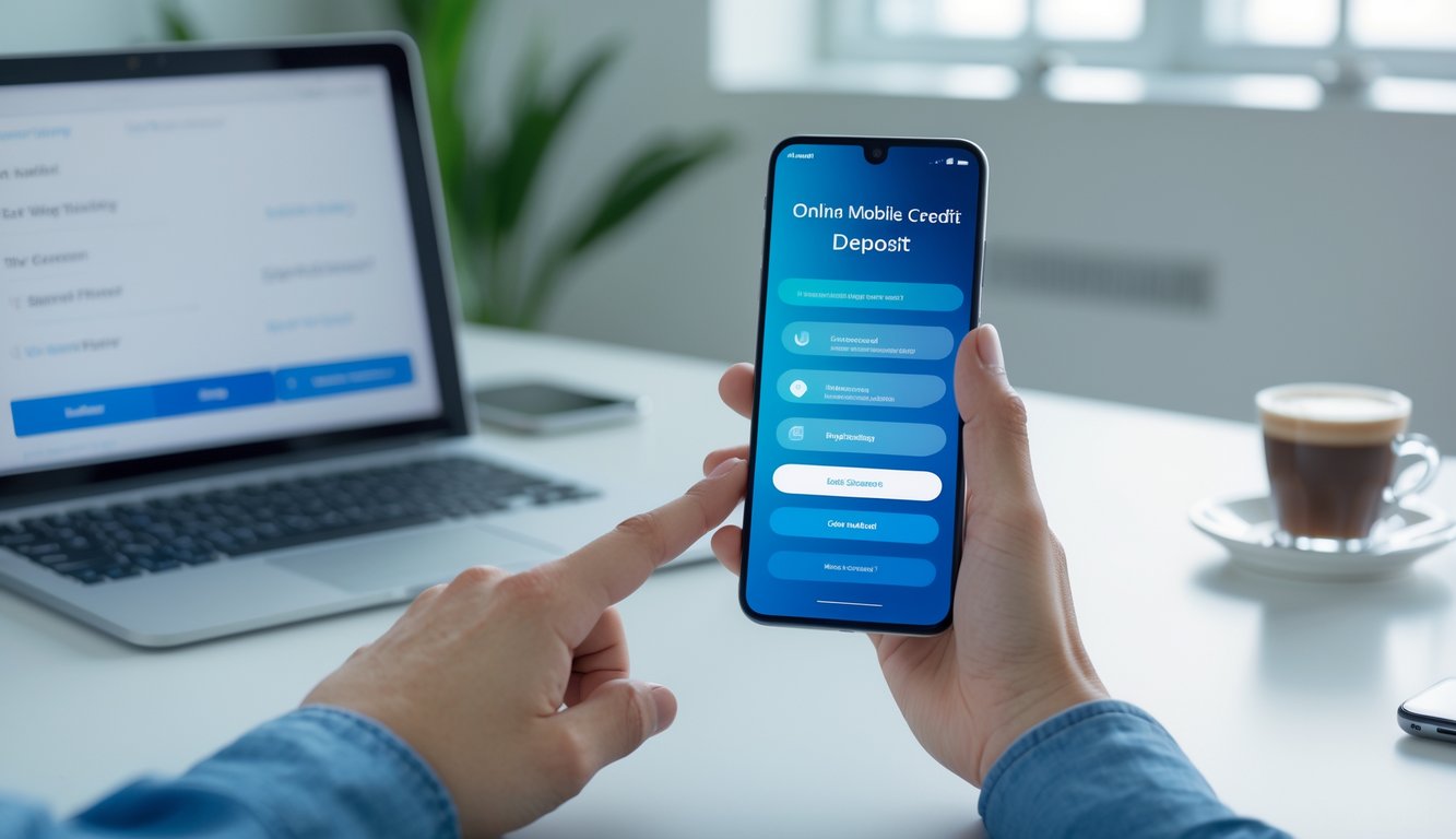 Seseorang menggunakan ponsel untuk melakukan transaksi pengisian pulsa secara online di meja kerja dengan laptop dan cangkir kopi.
