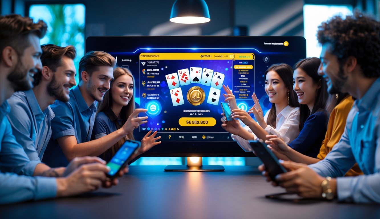 Sekelompok orang muda berkumpul di sekitar layar digital yang menampilkan permainan kartu online dengan suasana ceria dan antusias.