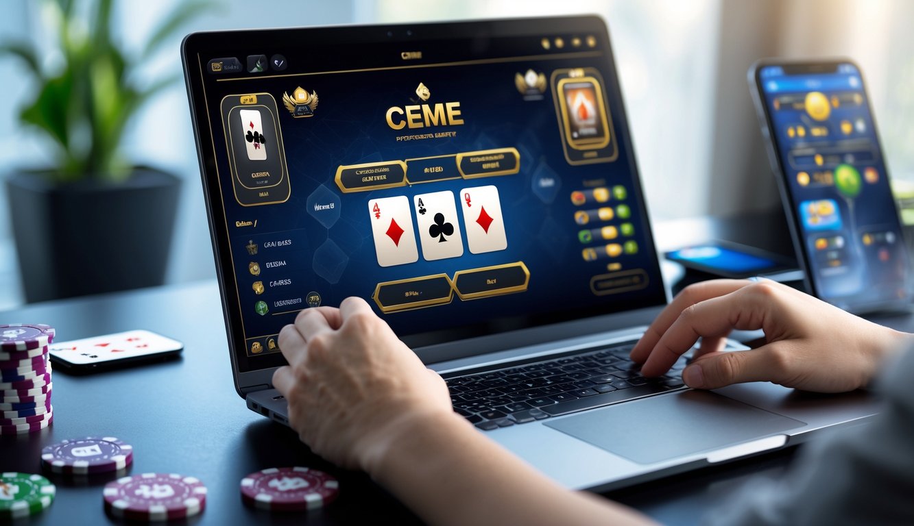 Seseorang sedang bermain permainan kartu Ceme secara online menggunakan laptop di meja kerja.