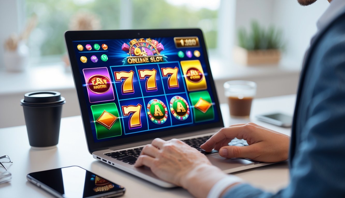 Seseorang menggunakan laptop dengan permainan slot online yang berwarna-warni di layar dalam suasana ruang kerja yang nyaman.
