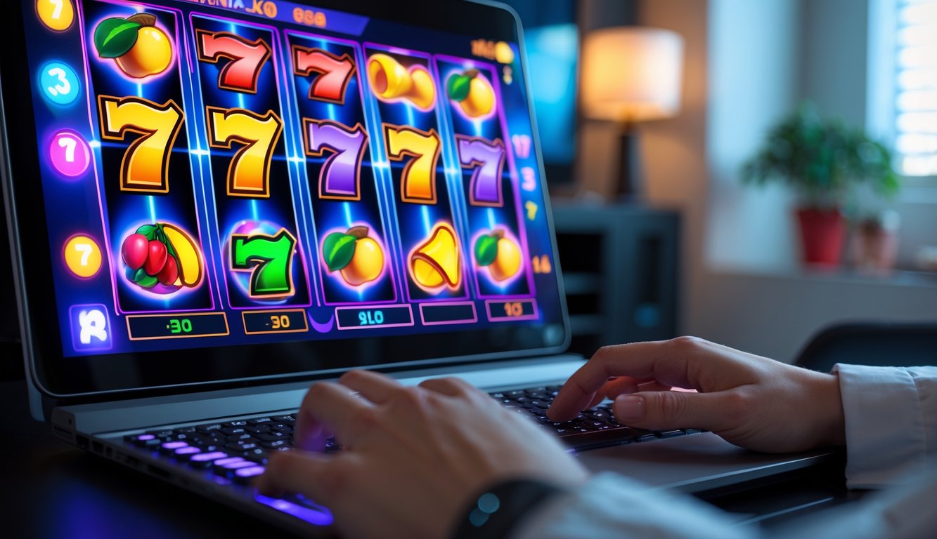 Seseorang bermain permainan slot online di komputer dengan latar ruangan yang nyaman dan pencahayaan lembut.