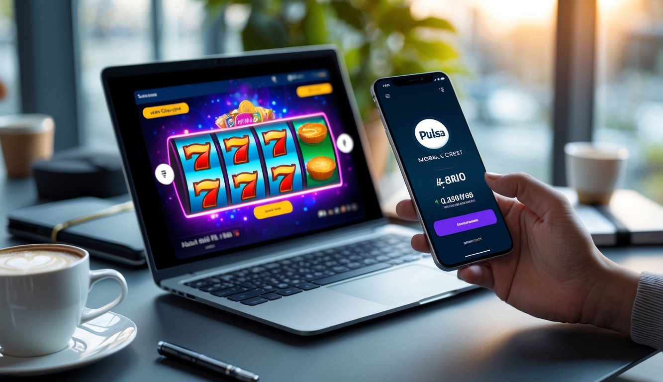 Seorang pengguna sedang bermain slot online di laptop dengan ponsel di samping yang menampilkan aplikasi pembayaran pulsa.