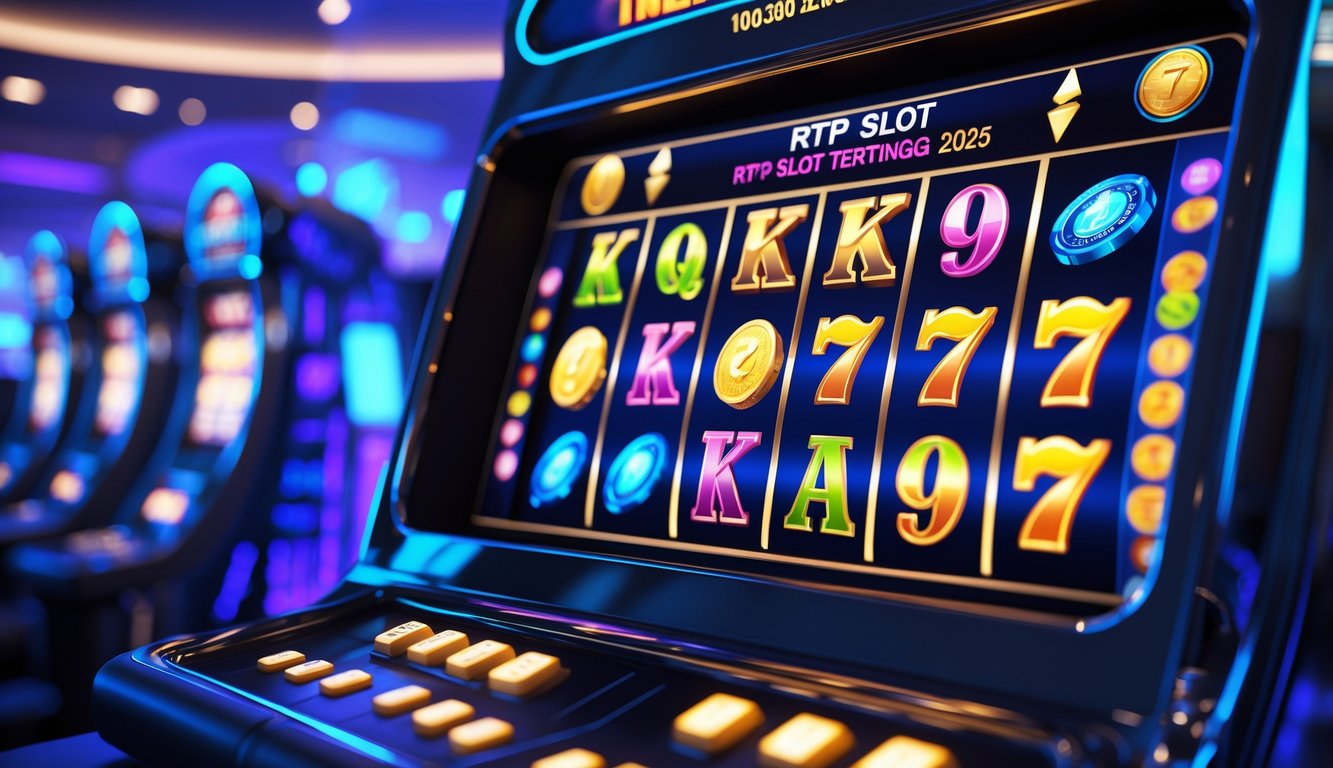 Mesin slot digital modern dengan simbol kemenangan dan latar belakang kasino futuristik berwarna biru dan ungu.
