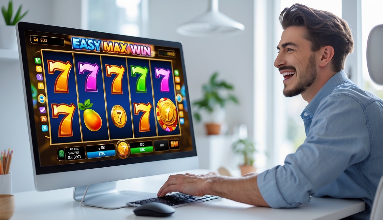 Seseorang duduk di depan komputer dengan layar menampilkan permainan slot online yang berwarna-warni, terlihat fokus dan senang bermain.