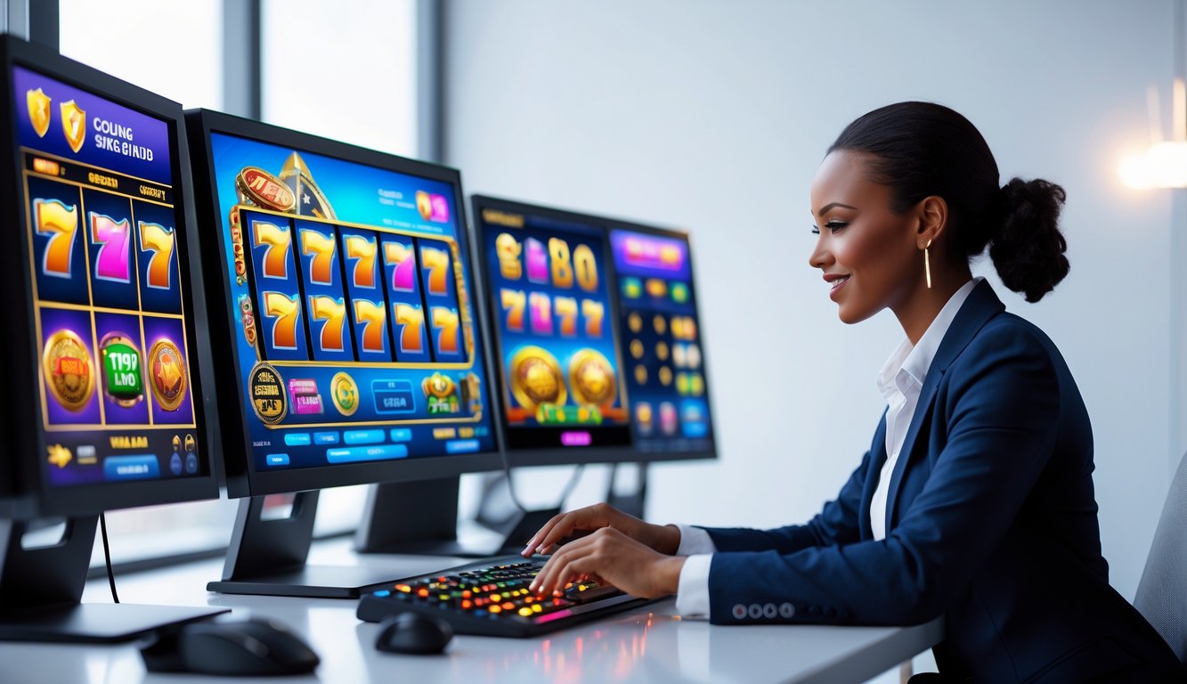 Seseorang sedang menggunakan komputer dengan tampilan permainan slot digital yang aman dan resmi.