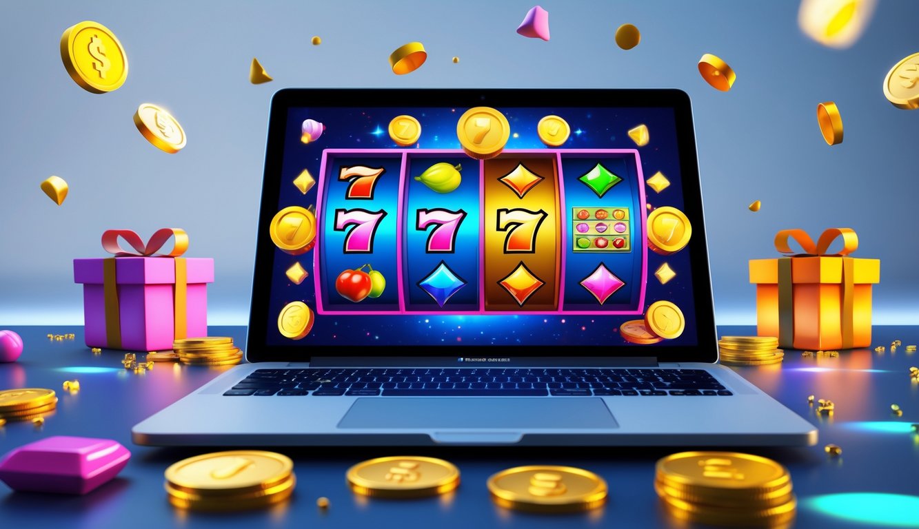 Seorang pengguna sedang bermain mesin slot online di komputer dengan koin dan hadiah di sekitarnya.