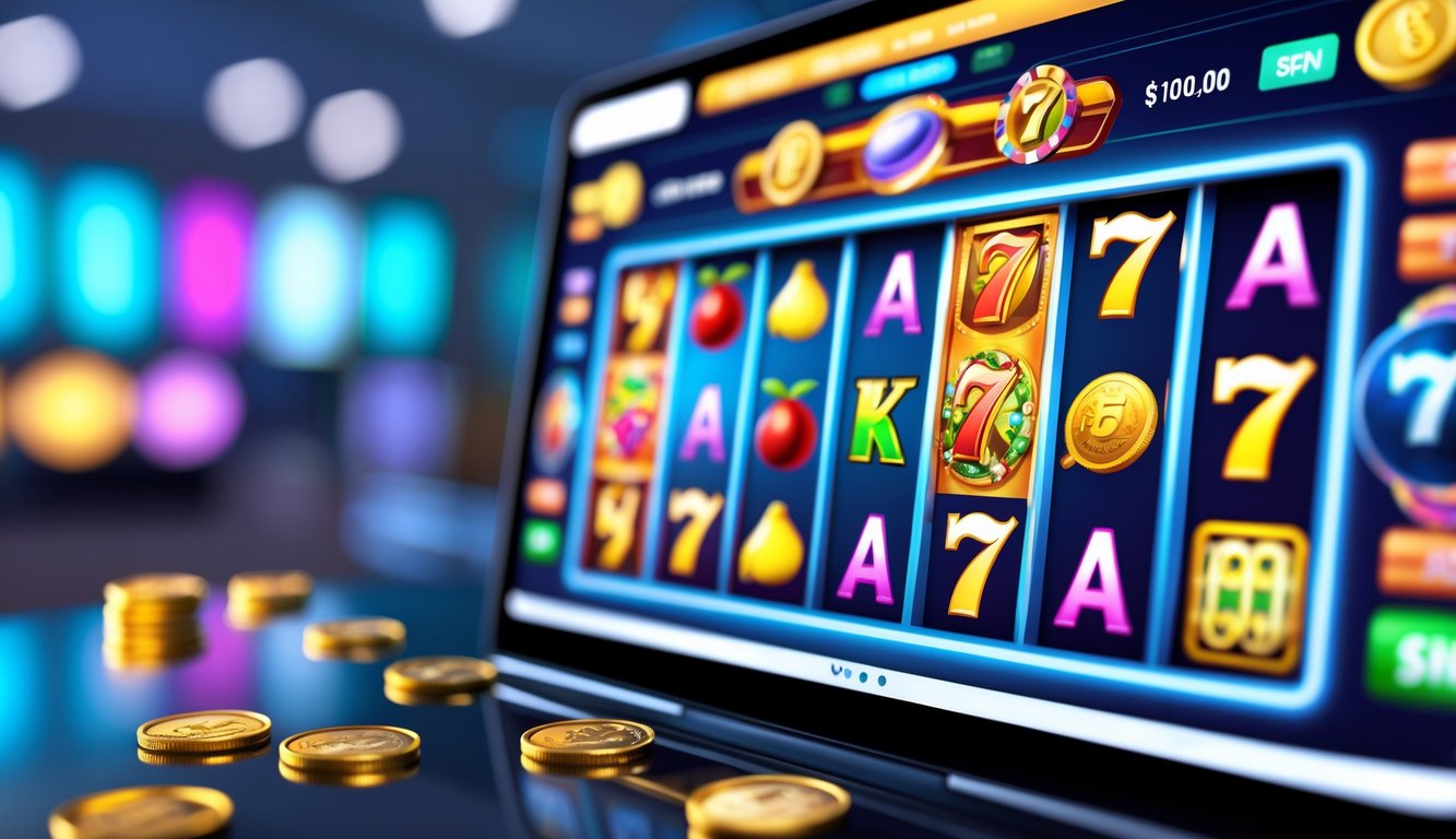 Layar perangkat yang menampilkan permainan slot online dengan simbol warna-warni dan latar belakang modern.