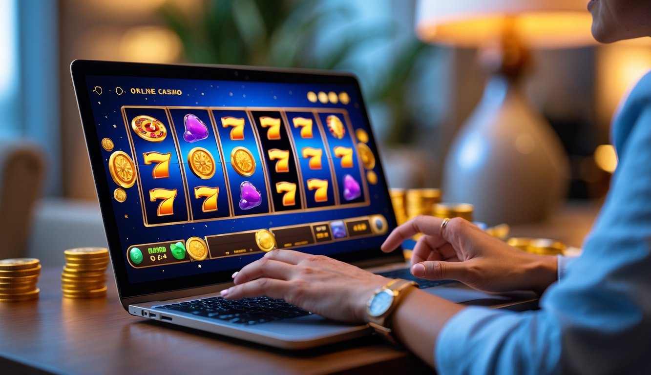 Seseorang menggunakan komputer dengan permainan slot online yang berwarna-warni di layar dalam suasana ruangan yang nyaman.