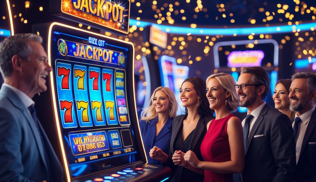 Orang-orang bahagia berkumpul di depan layar mesin slot online yang menampilkan simbol-simbol kemenangan dengan lampu berkilauan di latar belakang.
