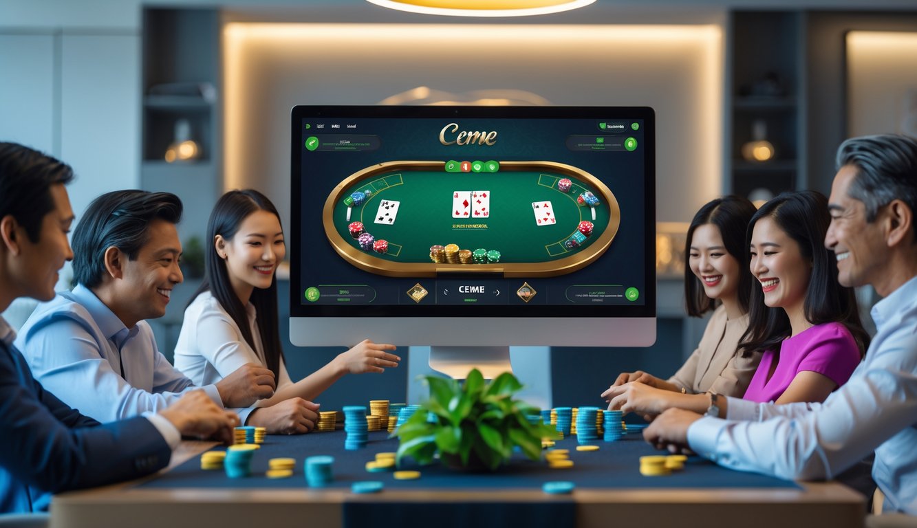 Beberapa orang bermain permainan kartu Ceme secara online di meja dengan komputer layar besar dalam ruangan yang rapi dan terang.