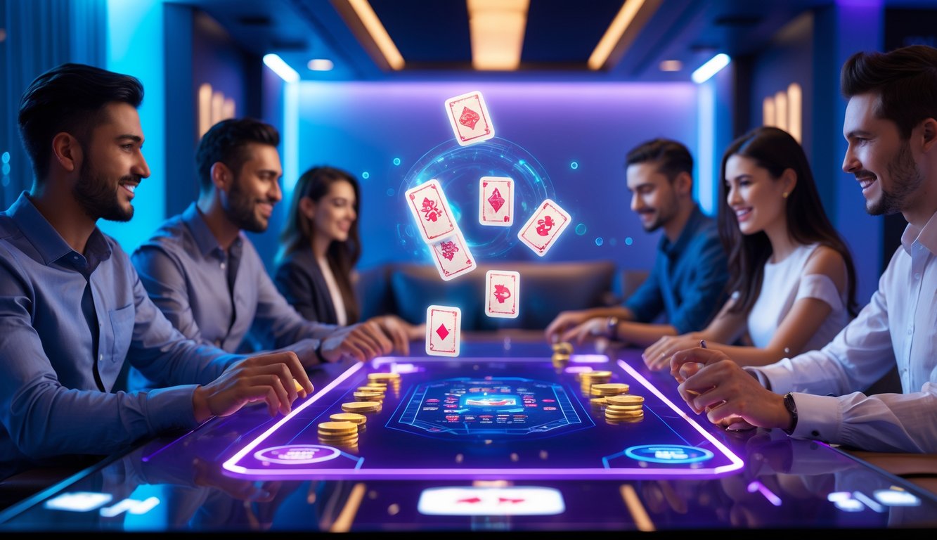 Beberapa orang muda bermain permainan kartu di meja digital modern dengan latar ruang santai futuristik.