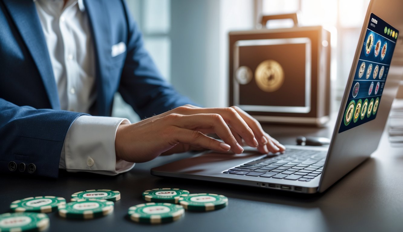 Seseorang bermain permainan kartu online di laptop dengan suasana kerja yang rapi dan profesional.