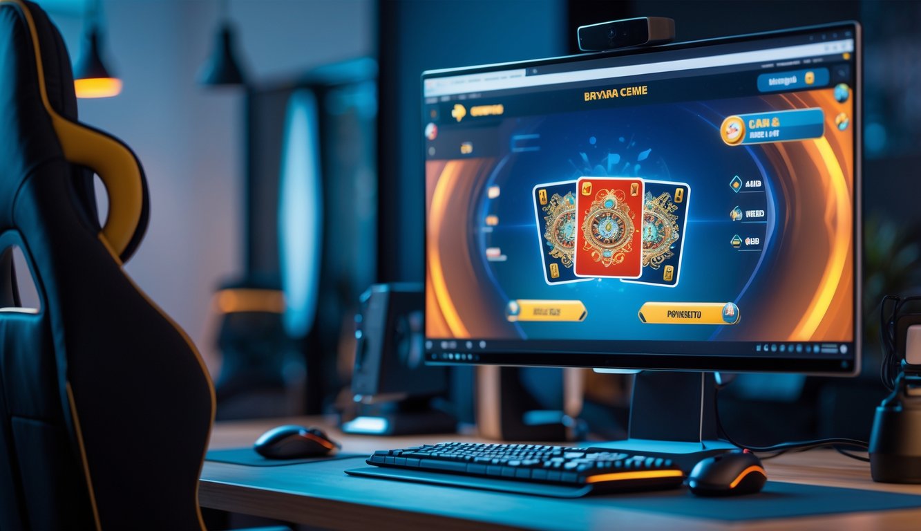 Suasana ruang kerja modern dengan komputer menampilkan permainan kartu digital Bandar Ceme online.